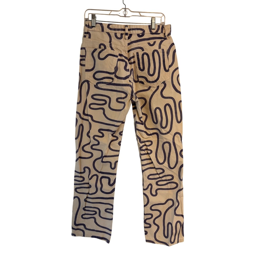 Zara Abstract Squiggle Print High Waisted Straight Leg Jeans Tan Purple Size 8